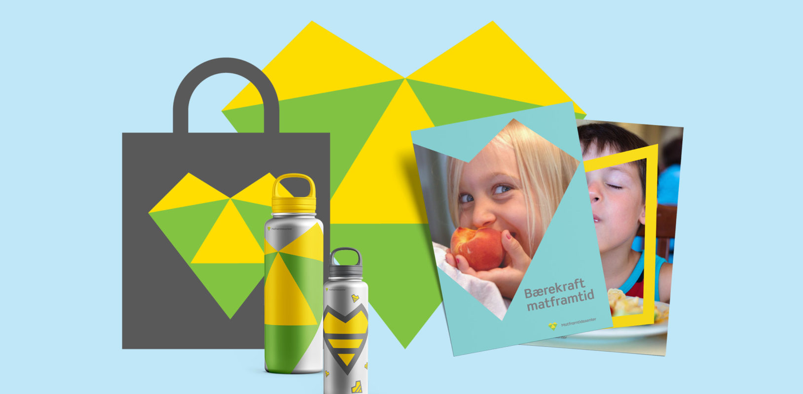 Matframtidssenter visuell identitet og implementerings eksempler på flaske, handlenett, plakat og brosjyre