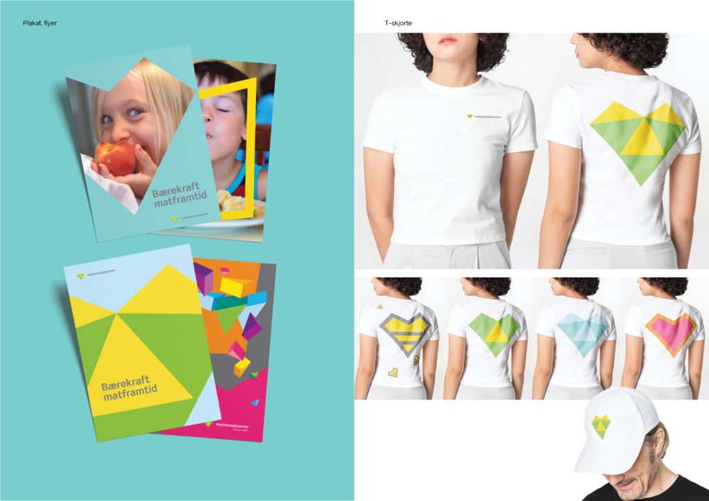 Design av implementeringseksempler av Matframtidssenter visuell identitet på plakater, brosjyrer, t-skjorter og hatt.