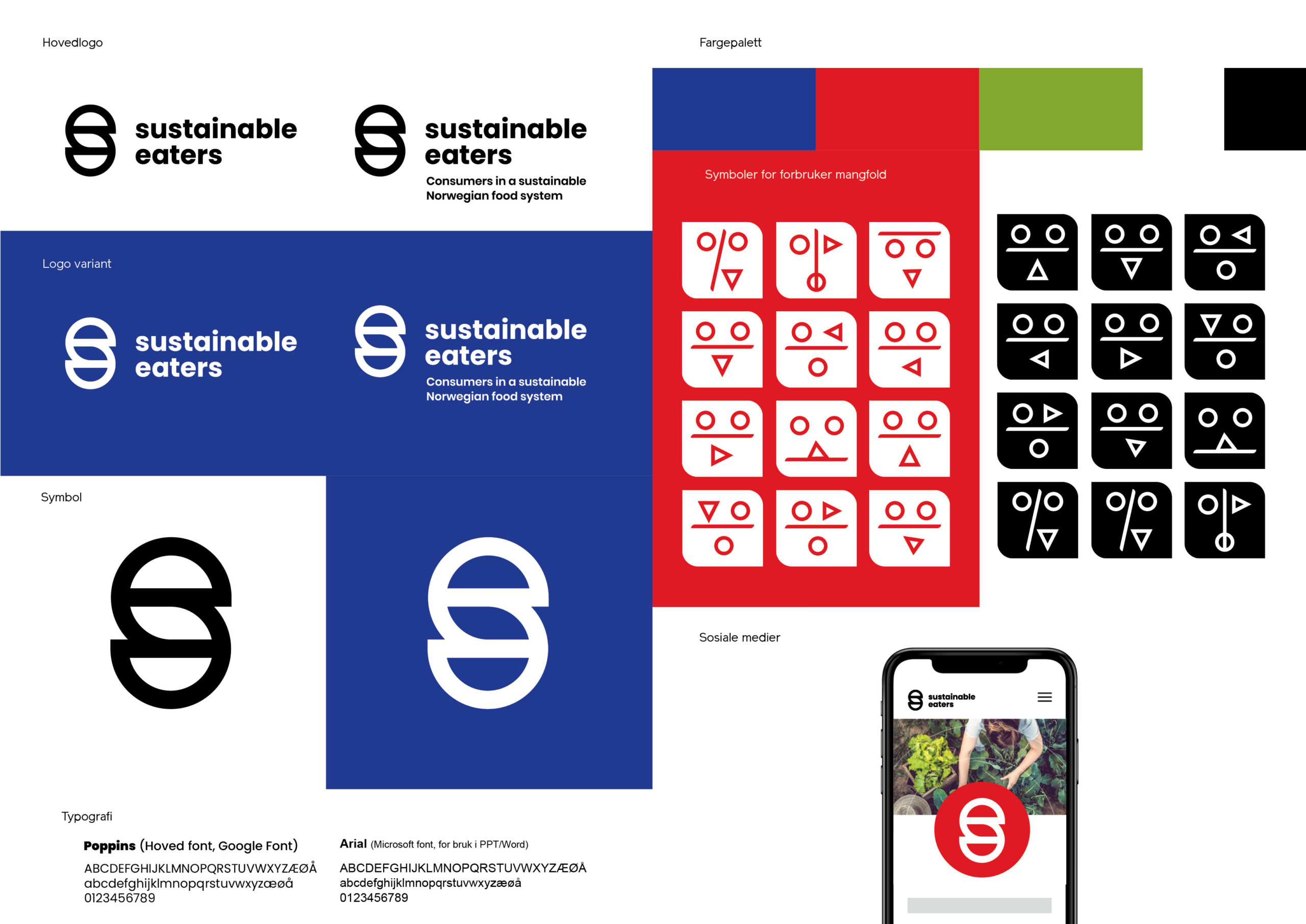 Sustainable eaters visuell identitet verktøy kasse, med logoer, fargepalett, symboler, typografi og implementeringeksempel.