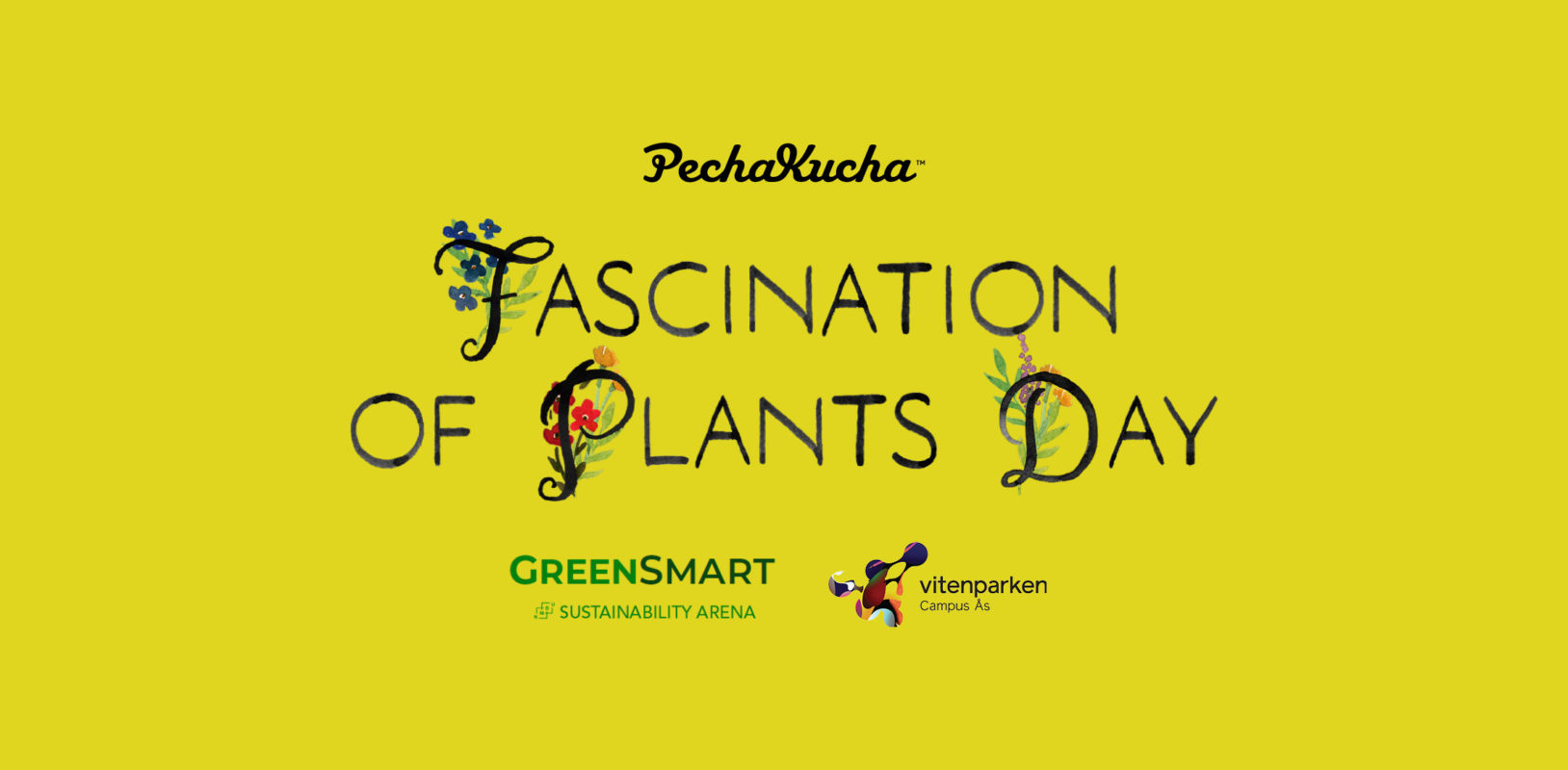 Title/Logo for the event "Fascination of Plants Day", in a yellow background and with the initial letters with flowers and leaves, and logos of the partners.